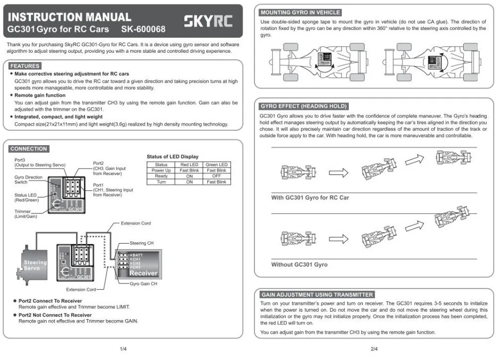 SKYRC GC301 гироскоп сенсор voor RC автомобили CH3 Дистанционное усиление руля выход corrigerende руля aanmising гироскоп voor RC авто