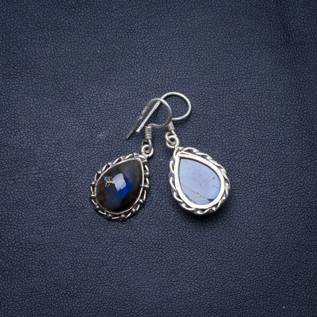

Natural Blue Fire Labradorite Handmade Unique 925 Sterling Silver Earrings 1.25" X4883