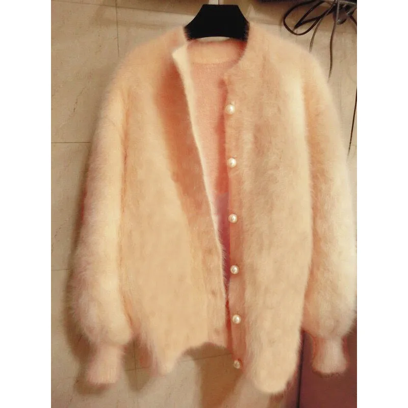pink Модный осенне-зимний красный свитер, пальто для женщин,, корейский жемчуг, пряжка, норка, пушистый плюш, толстый кардиган, вязанная куртка A1571 - Цвет: pink