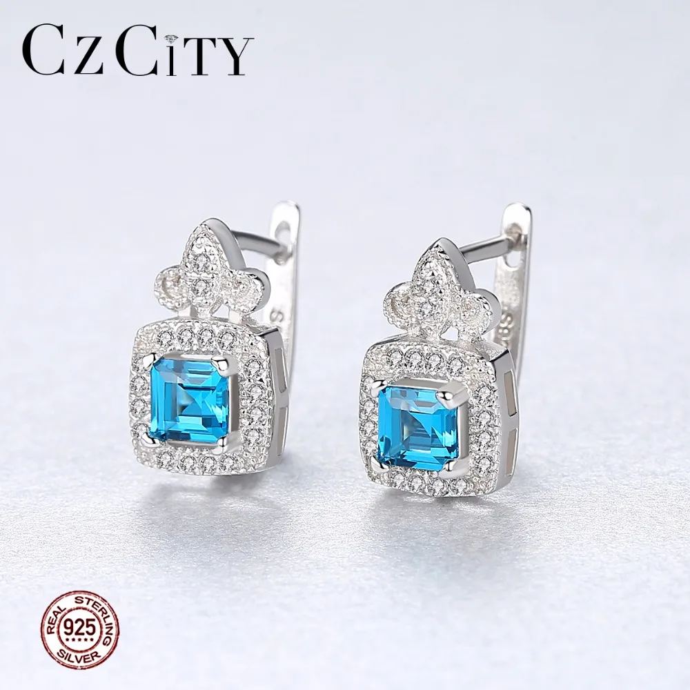 CZCITY синий Topza серьги для Для женщин 925 пробы серебро крошечные CZ вымощенное клипсы