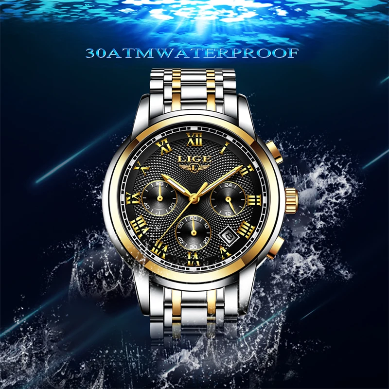 Часы LIGE мужские повседневные из стали кварцевые водонепроницаемые спортивные 2019
