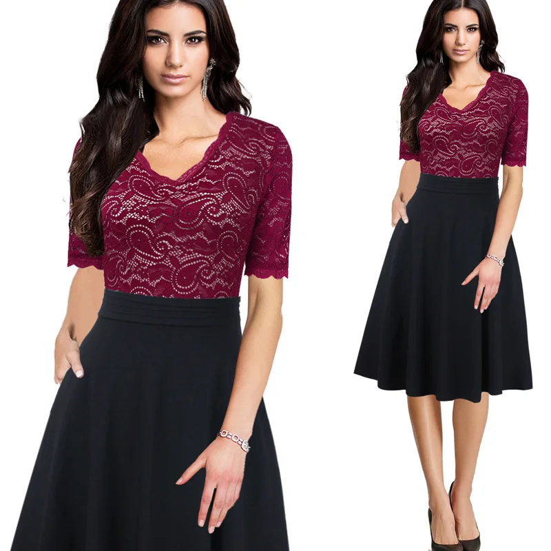 Red and Black 1 Vfemage женское винтажное элегантное Прозрачное цветочное кружевное платье с карманами и рюшами Vestidos Pinup деловые вечерние платья трапециевидной формы 396 - Цвет: Red and Black 1