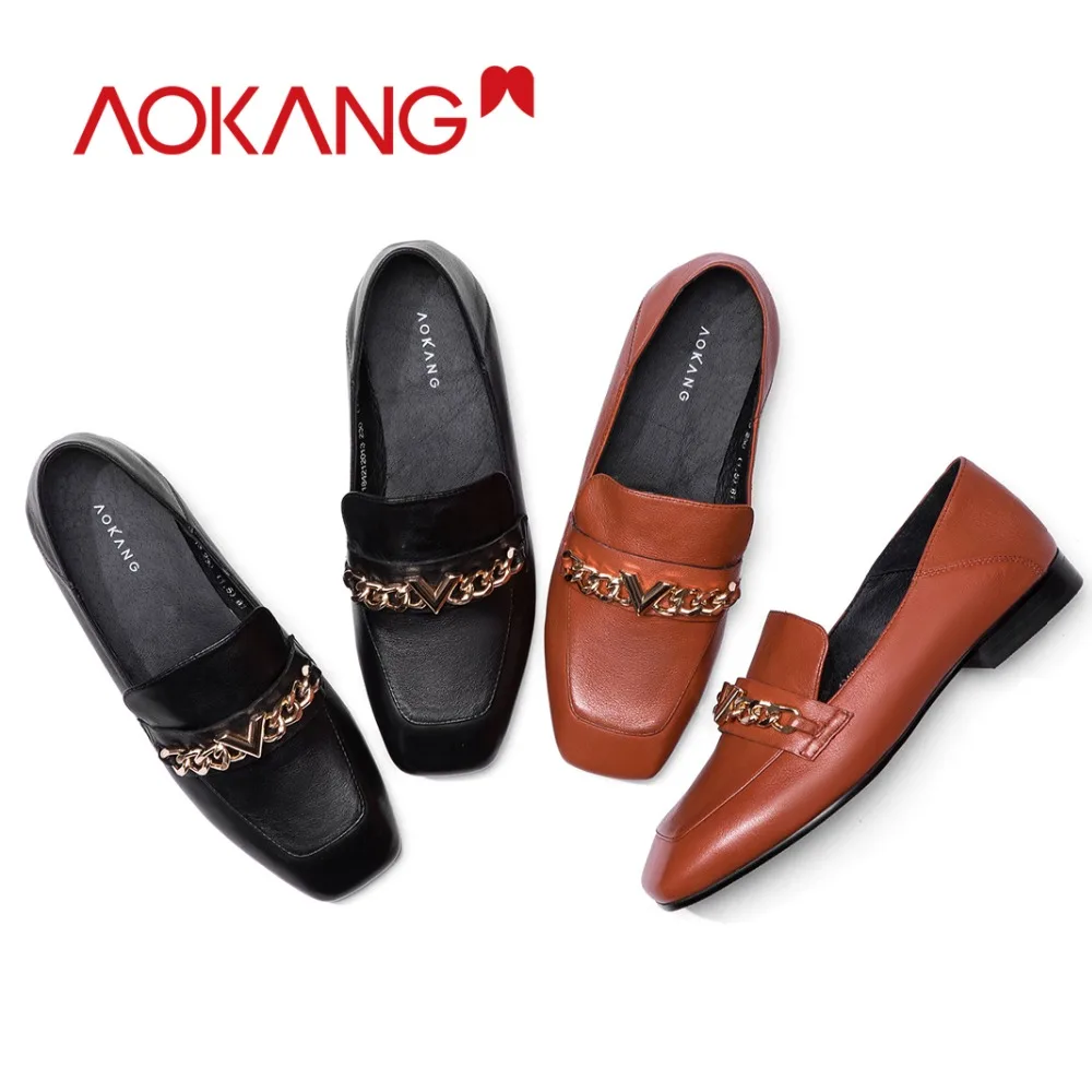 Aokang/Женская обувь на плоской подошве Лоферы без застежки из натуральной кожи