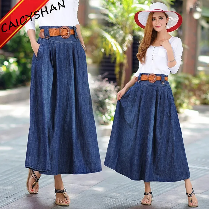 

New Autumn Women Skirts Vestido Plus Size Casual Loose Solid Belt Button Pleated Long Jeans Skirt For Women Large Denim Midiskit