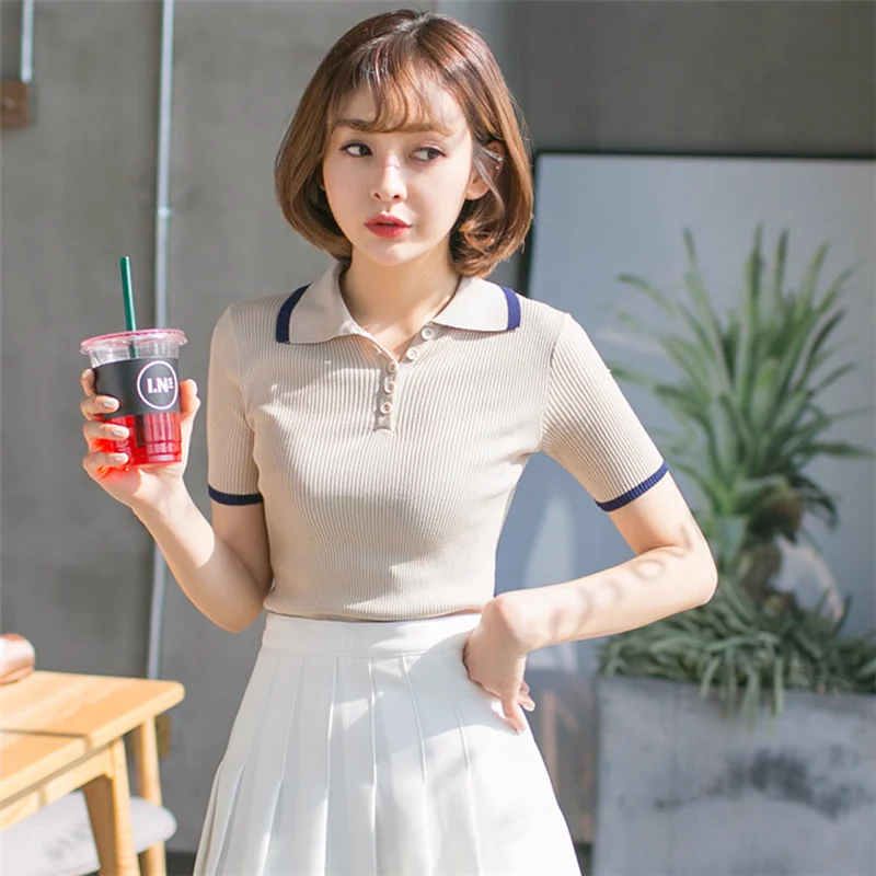 Женские летние рубашки поло Прохладный шелк с коротким рукавом отложной