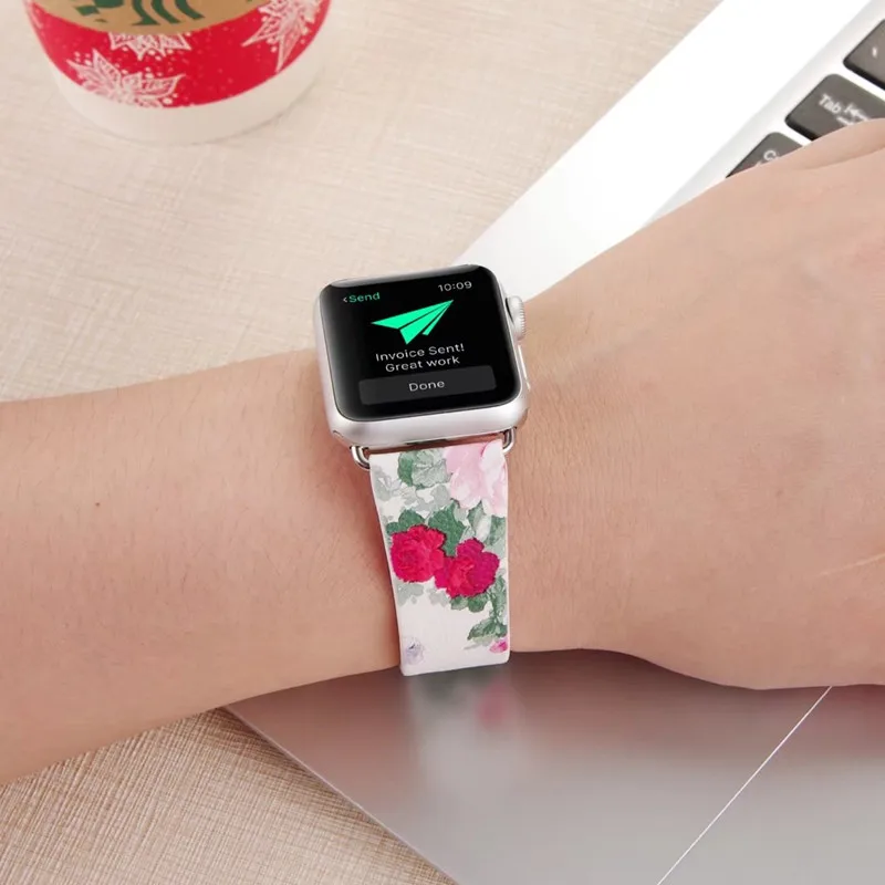 Кожаный ремешок с цветочным принтом для Apple Watch 5 4 44 мм/42 мм/40 мм/38 мм iwatch series 5 4 3 2 1 наручный браслет с цветочным принтом