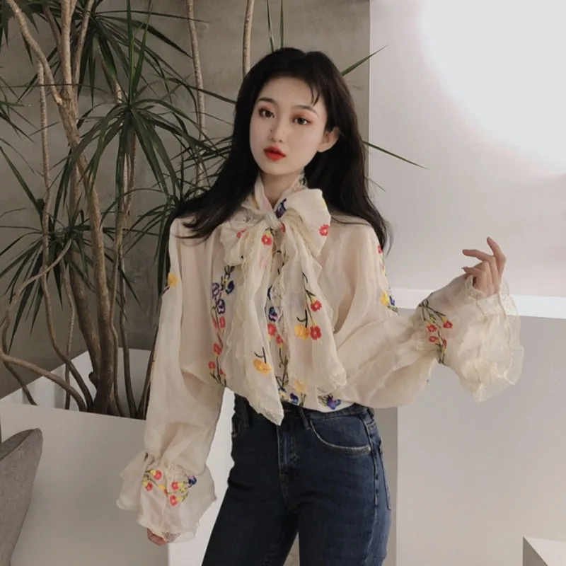 Винтажная шикарная Женская одежда с вышивкой корейские блузки шифон