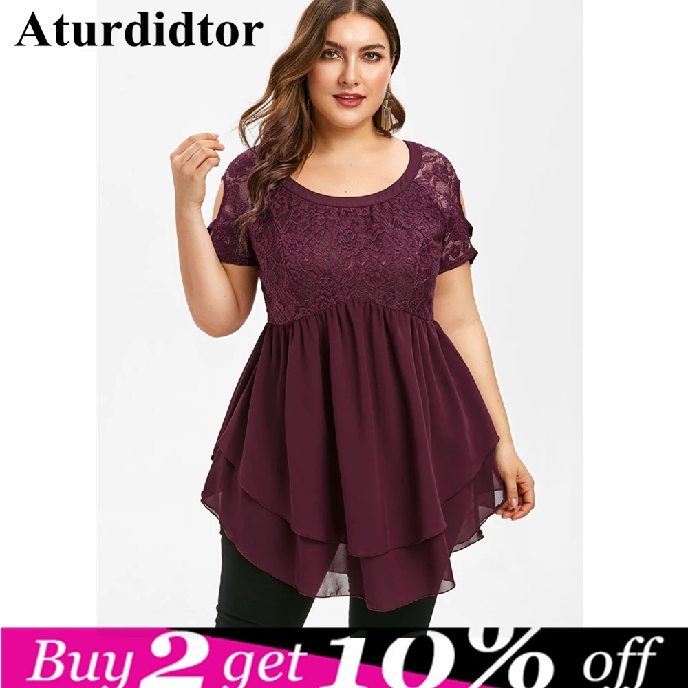 5XL Plus Size Women Blouse Long Sleeve Wine Red Lace Shirt Tunic Round Neck Solid Large Casual Wear Women Tops and Blouse Female