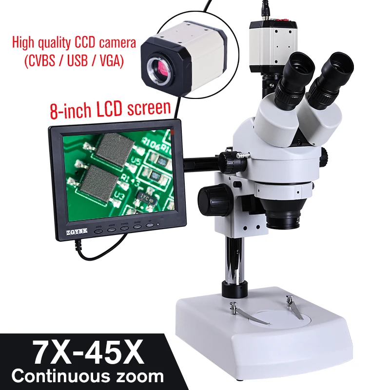 Цифровой стерео тринокулярный микроскоп 7x 45x HD с непрерывным увеличением + USB HDMI VGA