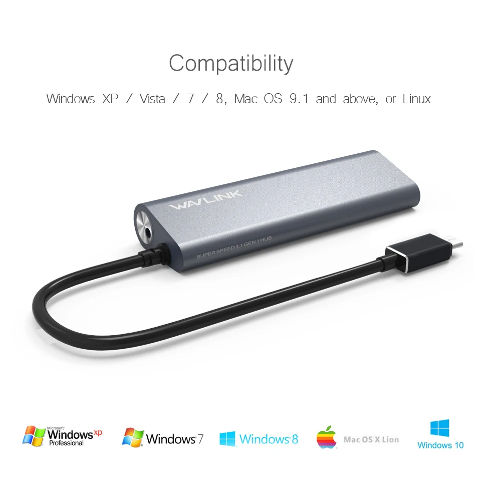 Wavlink usb-хаб 3,1 Тип с 4-портовый USB 3,0 концентратор Тип C Алюминий Slef-концентратор для студийной съемки с изображением Функция док-станция для Windows и Mac OS жил