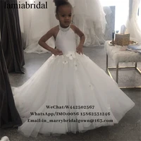 lovely white ball gown flower girls dresses 2019 halter backless crystal beaded 3d african girls first communion vestido daminha