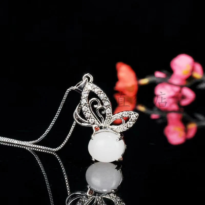 Натуральная Синьцзян подвеска с белым нефритом бабочка алмаз темперамент