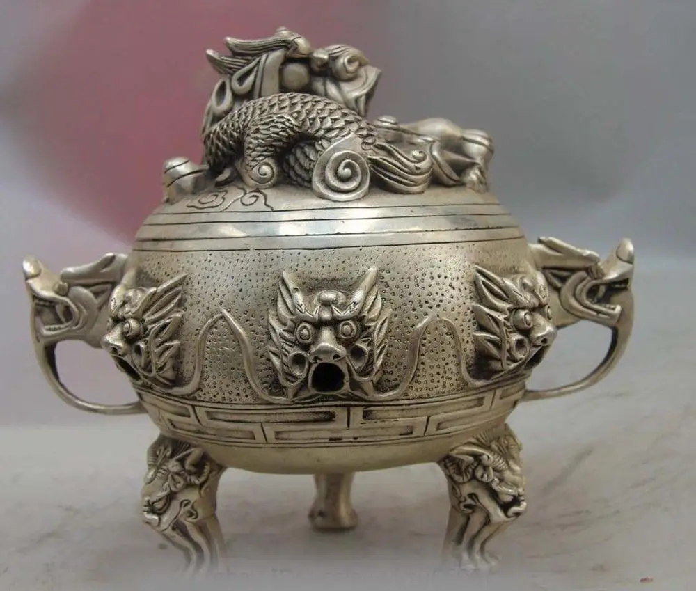 Китайский буддистский храм белая медь серебро девять голов дракона курильница
