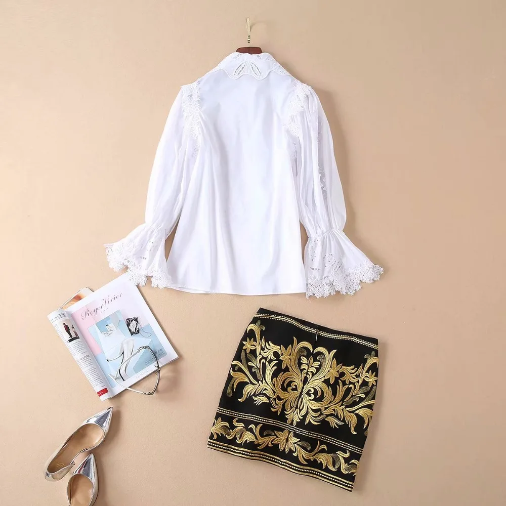 2019 Runway Designer Luxury Fashion Skirt Suits Flare sleeve Sweet shirt and Ethnic Vintage Printing mini 2 pieceSet H6412 |