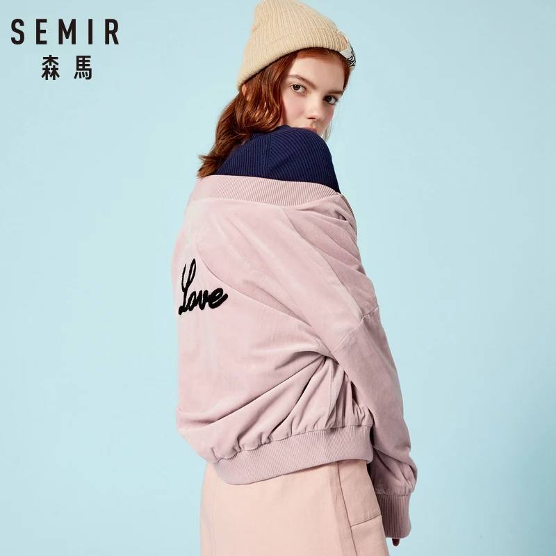 SEMIR Женская бархатная куртка бомбер бейсбольная с вышивкой полным карманом на