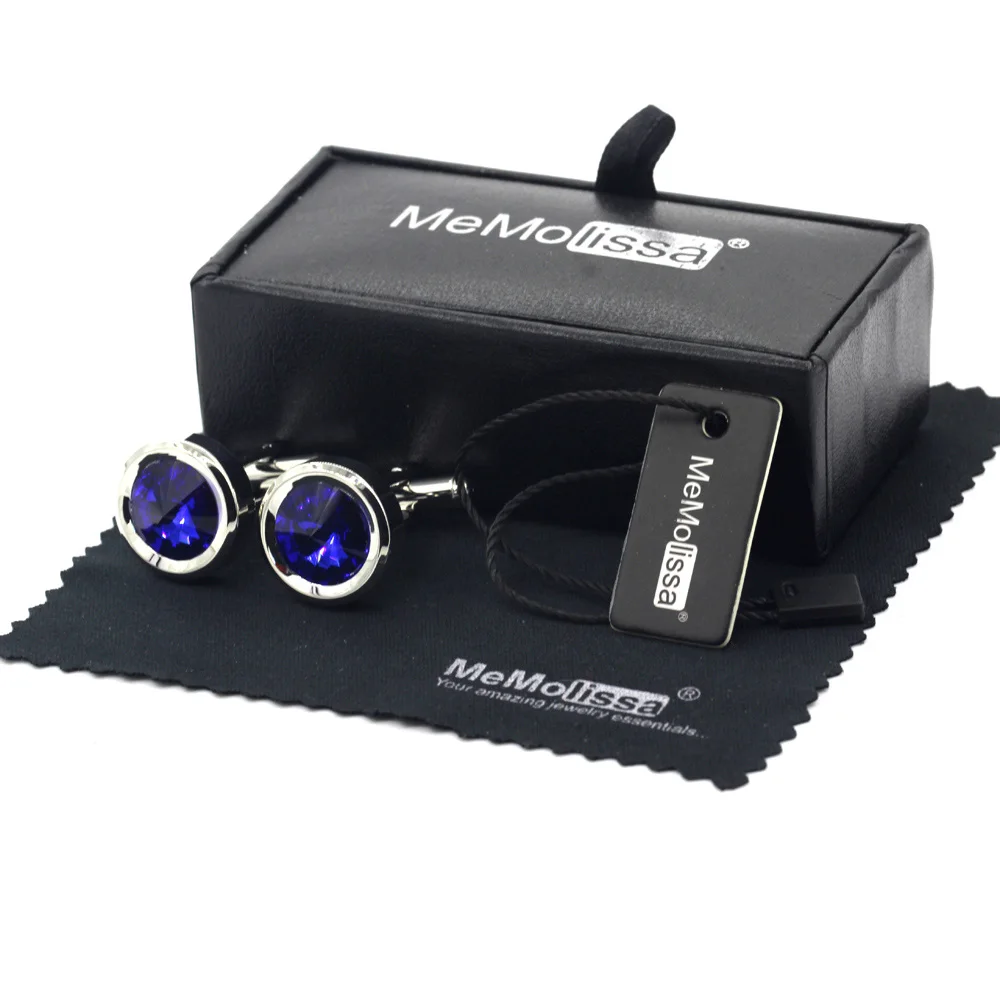

MeMolissa Display Box Classic Round Cufflinks Blue Crystal Cufflinks for Mens Shirt Cuff buttons Jewelry Free Tag & Wipe Cloth