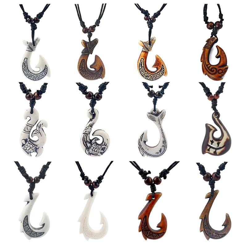 

12pcs Ethnic Tribal Imitation Yak Bone NZ Maori Hook Amulet Pendant Necklace Black Wax Cord Wood Beads Surfer Necklace Jewelery