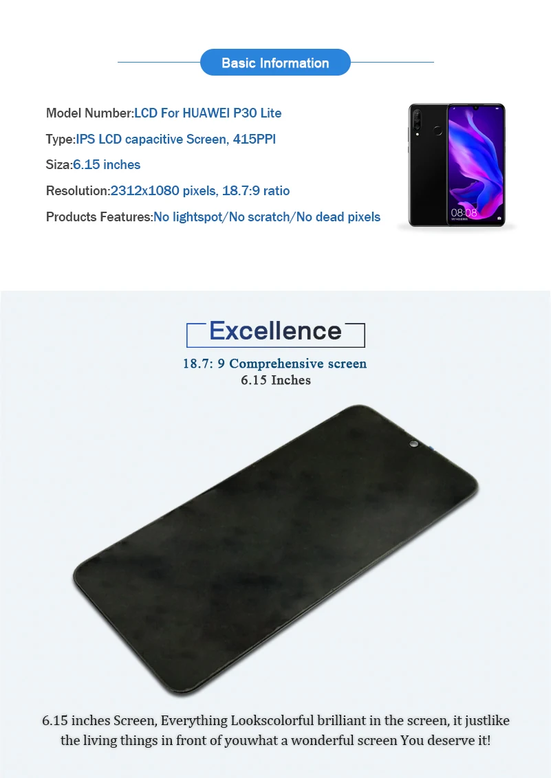 Экран для huawei P30 lite ЖК-дисплей с рамкой дисплей сенсорный экран дигитайзер для huawei NOVA 4E ЖК-дисплей MAR-LX1 LX2