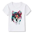 Детская забавная футболка с акварельным принтом волка летние топы для девочек и мальчиков детская одежда повседневная детская футболка, ooo2152
