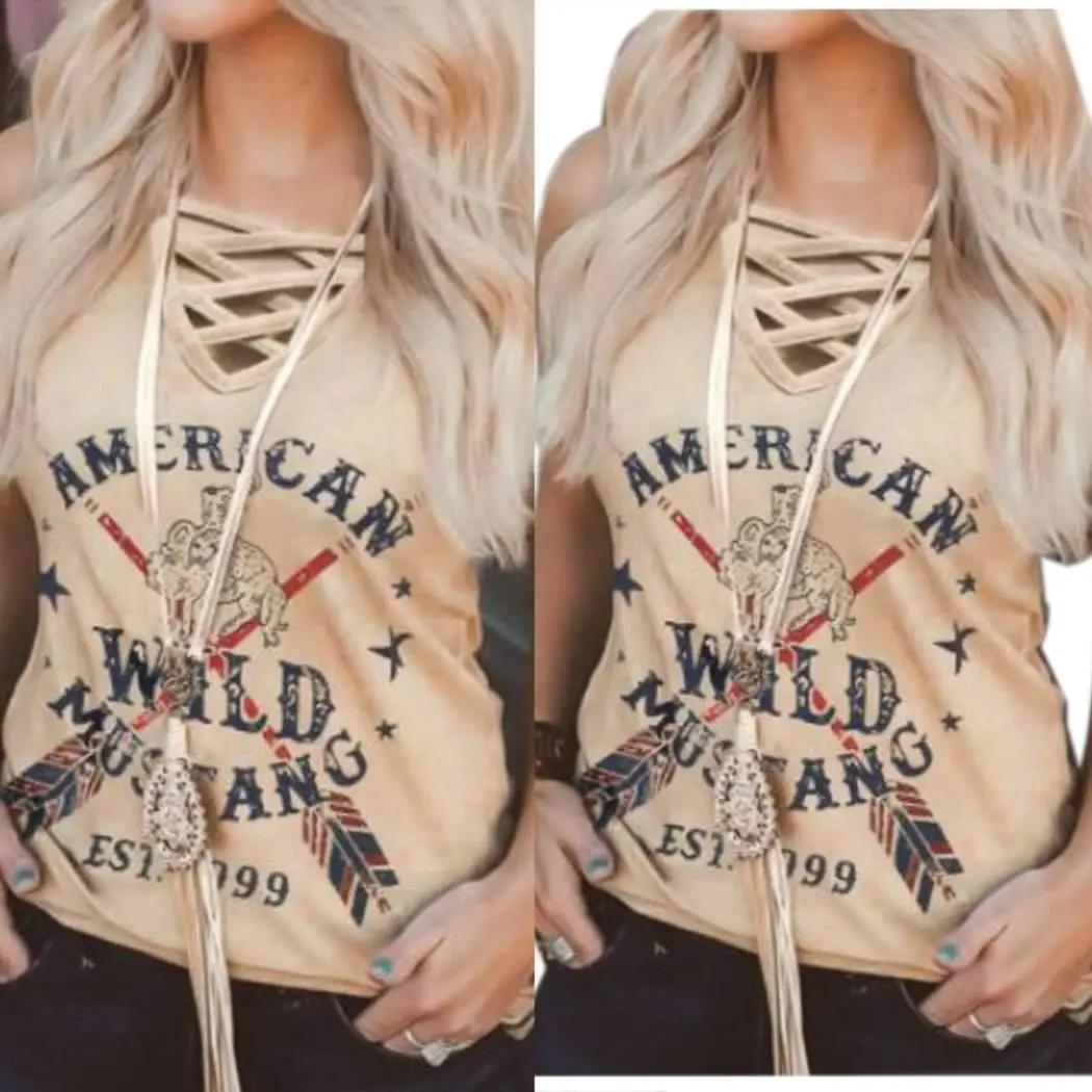 Женская мода с v-образным вырезом без рукавов буквенным принтом крест-накрест