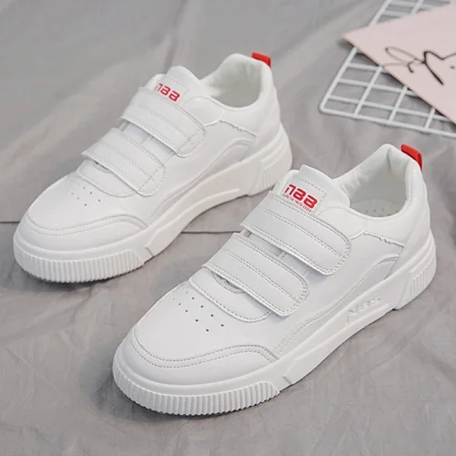 White Red Г., Женская Белая обувь кожаные кроссовки на платформе, на застежке-липучке женская обувь на плоской подошве Удобная весенняя обувь, женская Вулканизированная обувь - Цвет: White Red