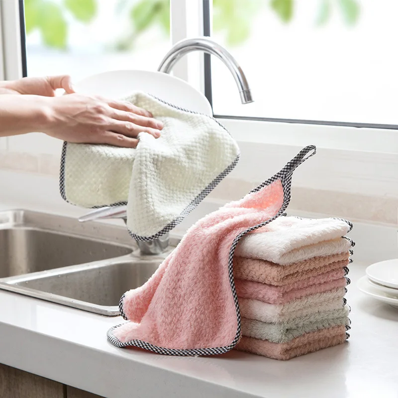 

Home Cleaning Kitchen Towels Super Absorbent Thicker Double Side Coral Fleece Wipe Kitchen Towel Cleaning Dish Washing Cloth
