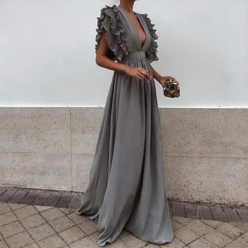 Женское длинное платье макси с оборками и рукавами-крылышками сексуальное