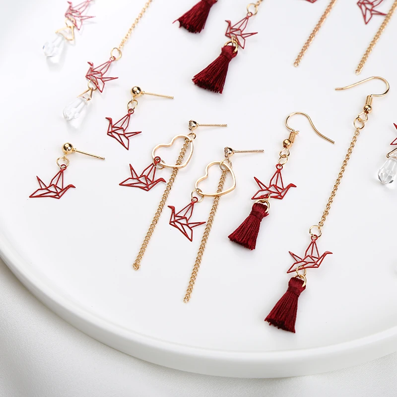 8 Kinds Red Paper Crane Little Tassels Long Chain Shiny Crystal Love Heart Dangle Earrings Golden Drop For Women | Украшения и
