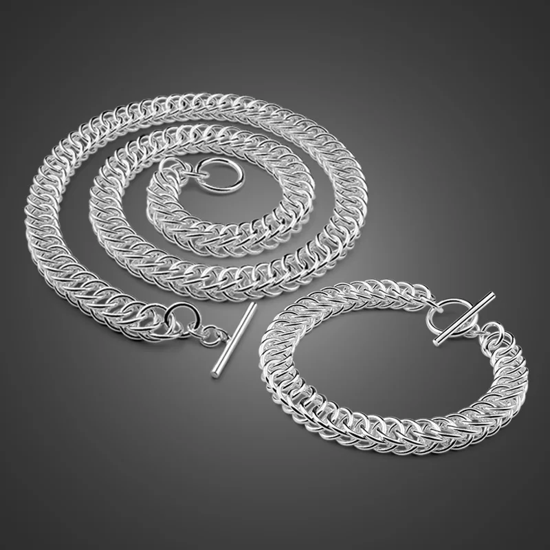 

Fashion Men's 925 Silver Set Necklace / Bracelet Solid Silver Jewelry Whip Design Silver Necklace Birthday present Free shipping