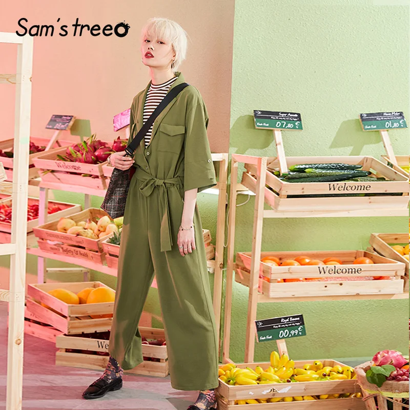 Sams Tree, женские комбинезоны, комбинезон с поясом, одноцветные зеленые пуговицы, боди, женские летние комбинезоны, женские комбинезоны размера плюс