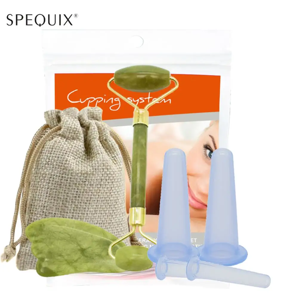 Massage cupping set Вакуумный массаж для лица набор омолаживающий силиконовый массажер для лица чашки с натуральный ролик для массажа лица& Guasha для похудения лица - Цвет: Massage cupping set