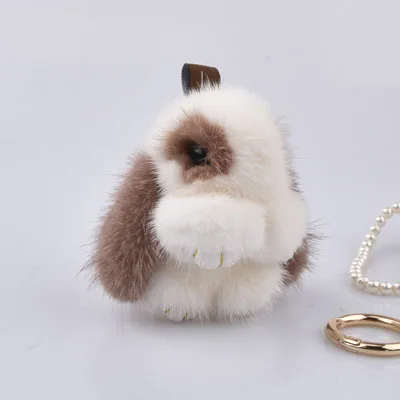 Khaki and White Мини 8 см кролики женские брелки из натурального меха норки кролик цепочка для ключей мех брелки сумки Кролики Брелок помпон мех заяц телефон кулон - Цвет: Khaki and White