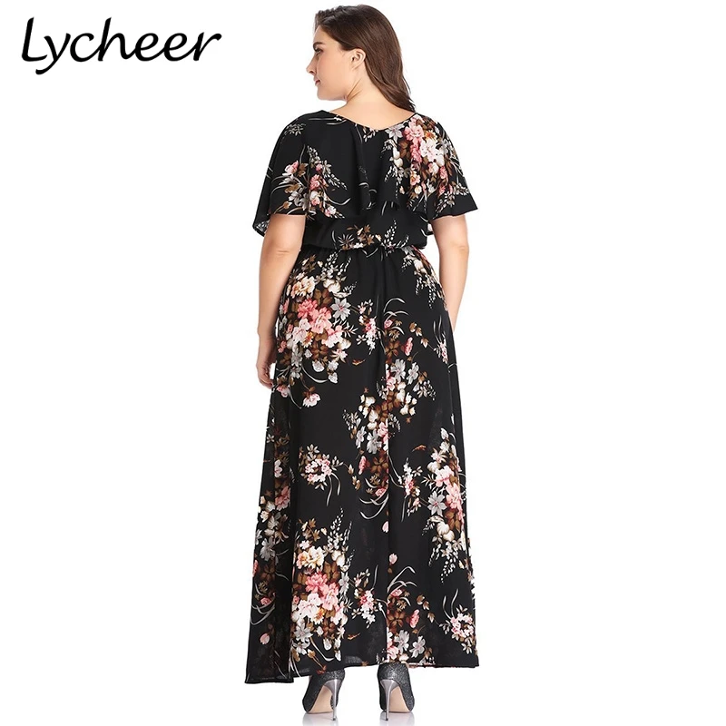 Женское длинное платье с цветочным принтом Lycheer летнее макси коротким рукавом и