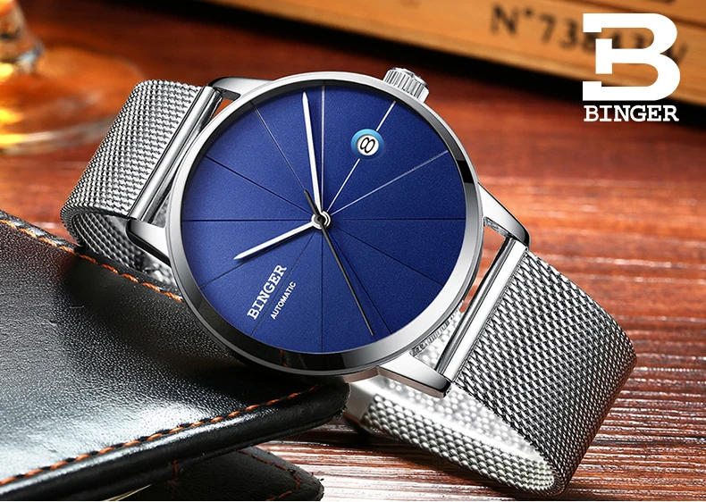 Брендовые Часы Seiko с автоматическим перемещением, мужские механические часы t BINGER, полностью черные часы с сетчатым ремешком из нержавеющей стали, мужские часы