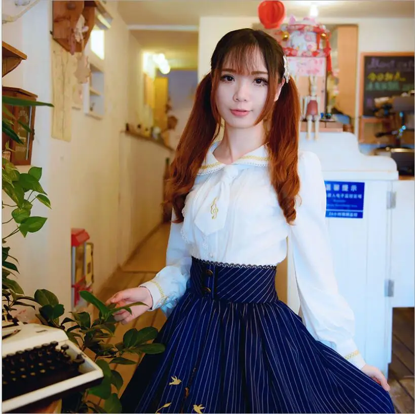 Белая Облегающая рубашка с длинными рукавами и круглым вырезом в стиле японской