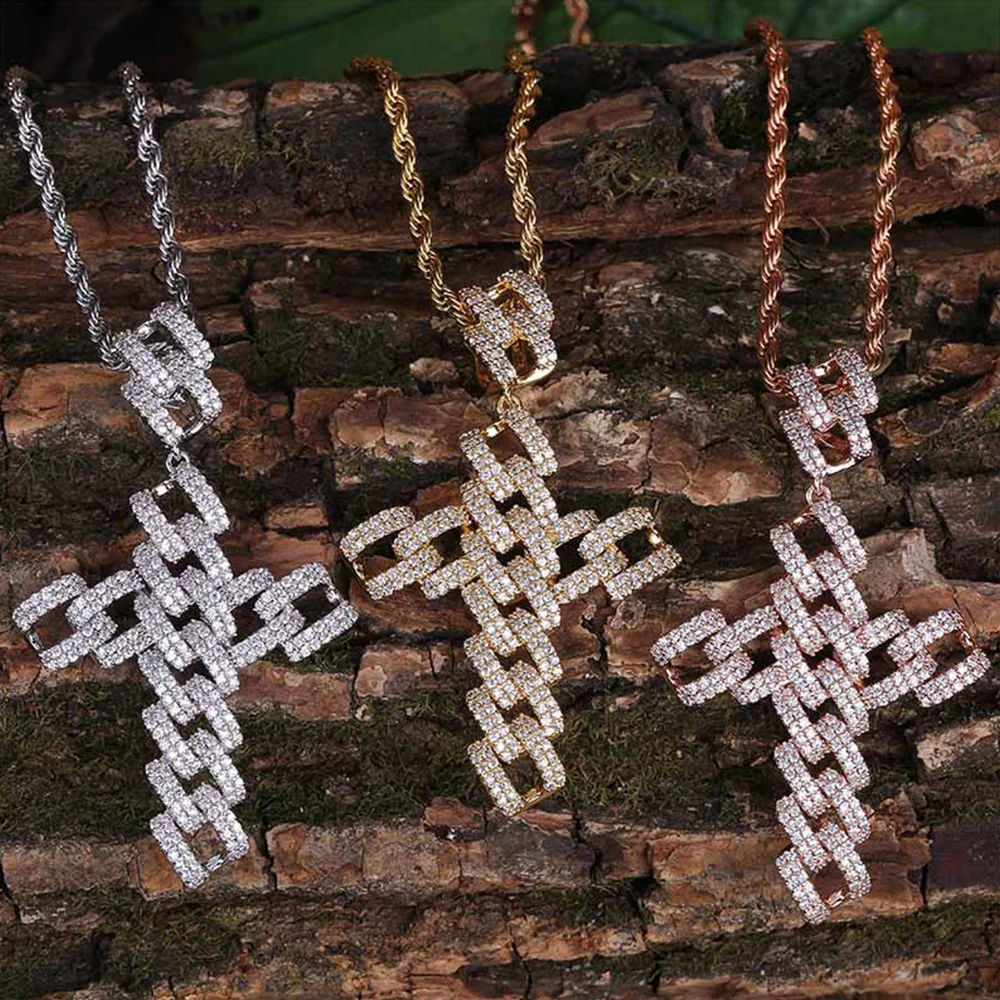 Iced Out большой крест микро проложить AAA кубический цирконий Bling кулон цепь золото серебро розовое золото хип хоп ожерелье рэпера для мужчин и женщин