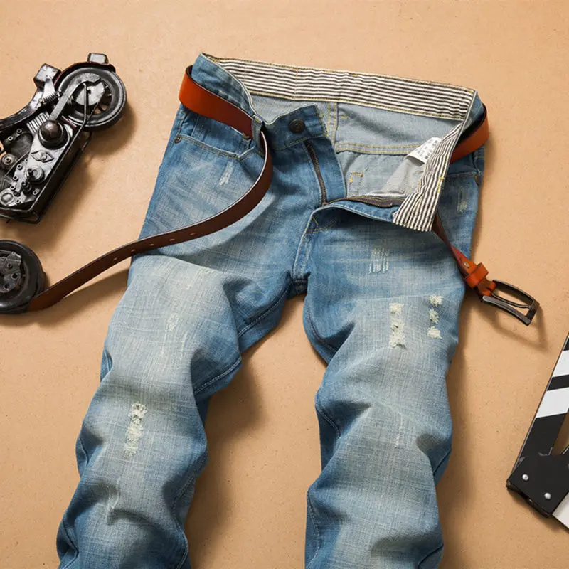Зауженные мужские джинсы винтажные рваные Stonewash брендовые качественные