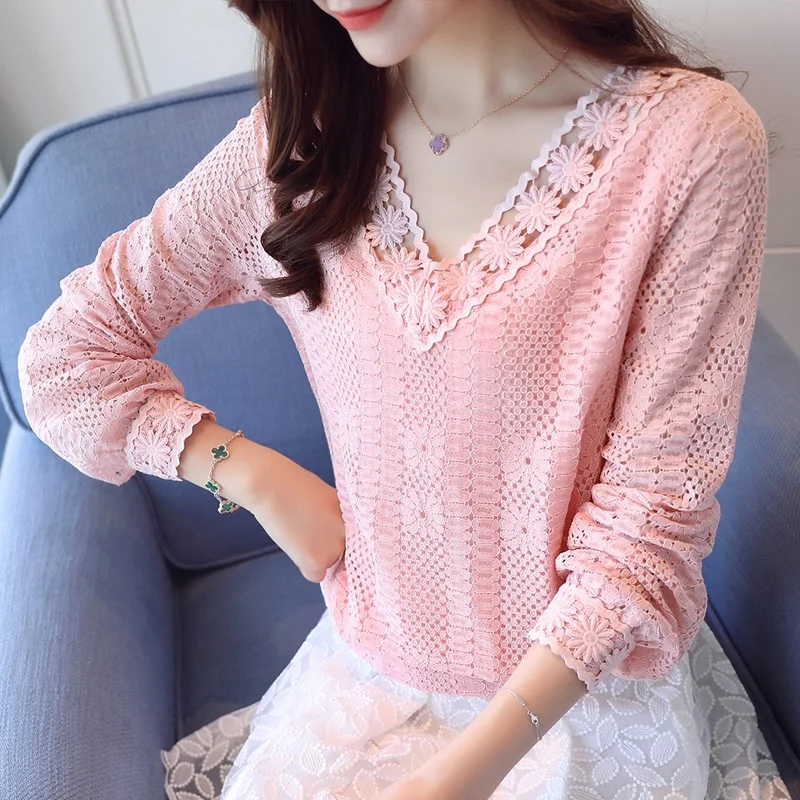 Женская кружевная блузка с V образным вырезом длинным рукавом|white shirt women|fashion