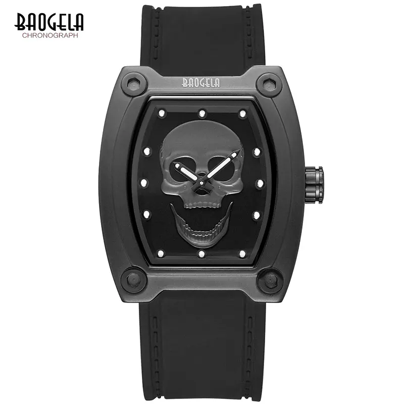 BN1801G-Black BAOGELA, военные спортивные часы с черепом для мужчин, светящиеся, 3 бар, водонепроницаемые, Скелетон, кварцевые наручные часы для мужчин, Relogios 1810, черное золото - Цвет: BN1801G-Black