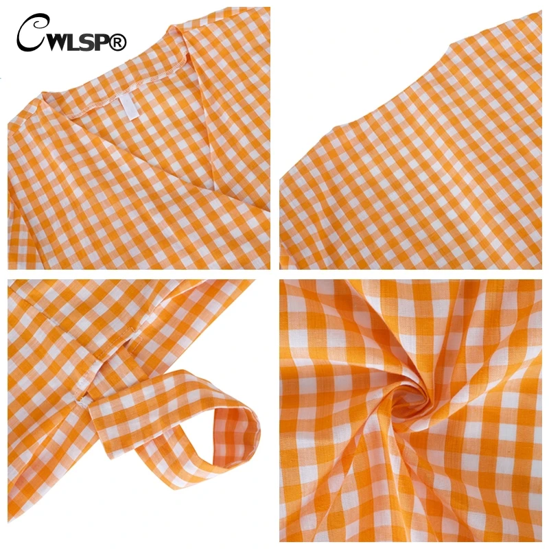 Женское Хлопковое платье мини CWLSP оранжевое клетчатое асимметричное с рукавом до