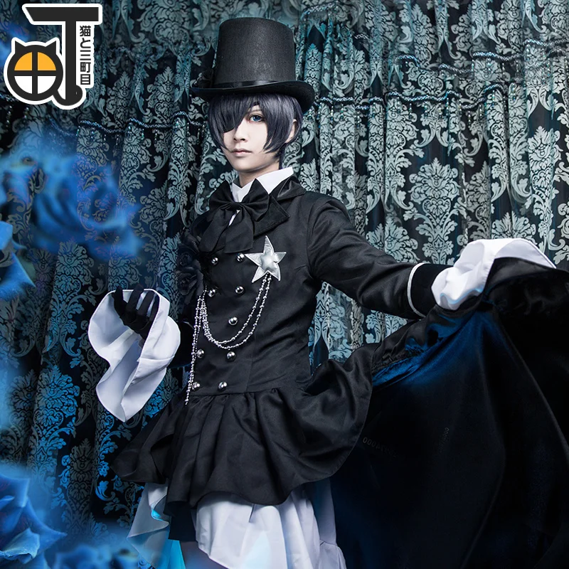 Полный комплект Черный Дворецкий Косплей Ciel Phantomhive Костюм Бесплатная Шляпа