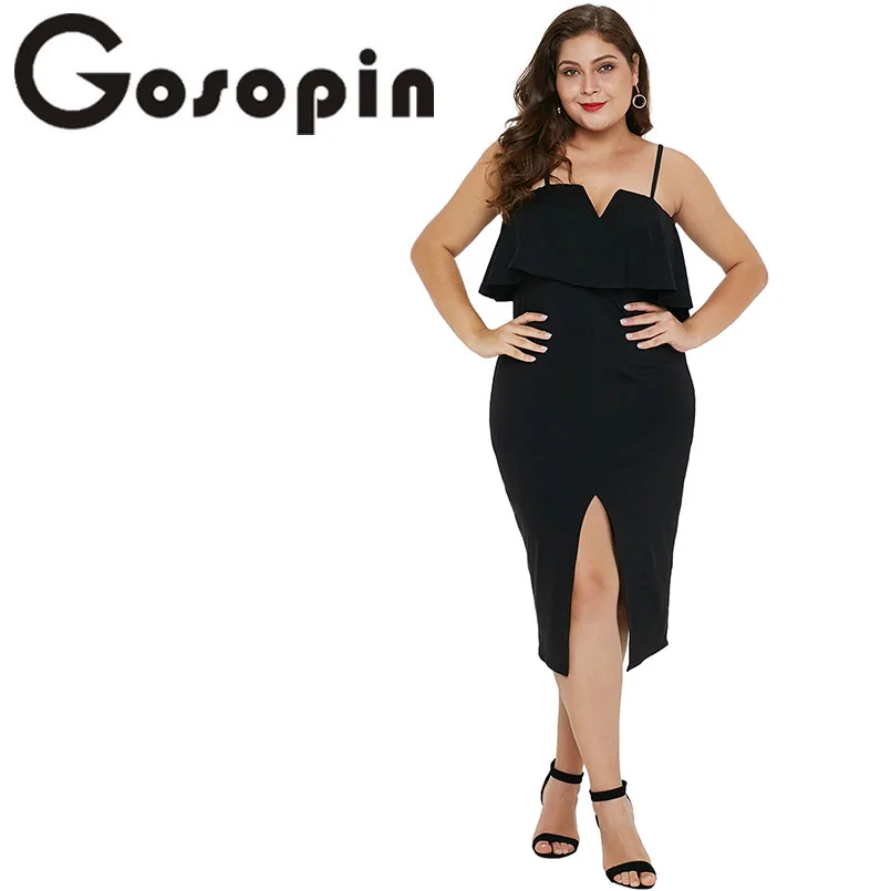 Gosopin Slit Plus Size Dress Ruffle Sexy Women Summer 2019 Elegant Party Ladies Fashion Spaghetti Strap Dresses LC610931 | Женская