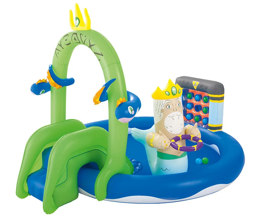 53057 Bestway 231x193x150 см надувной пластиковый игровой бассейн с распылителем, горка, корзина, мягкий пол 9" x 76" x 5" детский бассейн