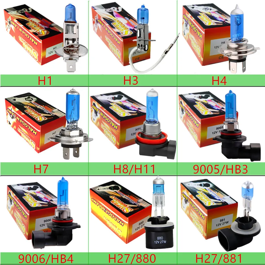 H1 H3 H4 H7 H8 H9 H11 9005 HB3 9006 HB4 галогенные лампы 55W 100W 12V суперяркие белые Автомобильные фары 6000 К авто лампы фар автомобиля