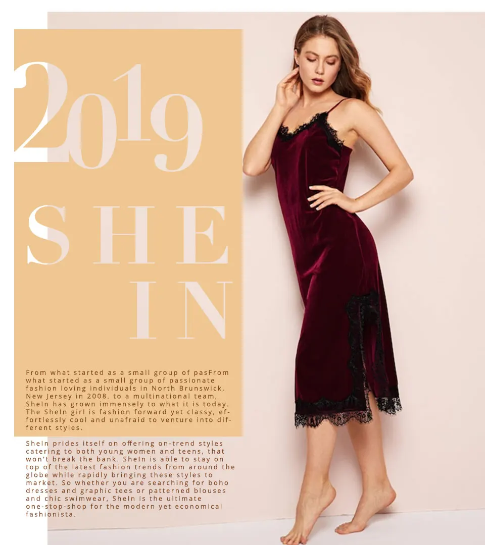 SHEIN Ночная Рубашка С Кружевной Отделкой, Длинная Бархатная Ночная Рубашка, Женская Элегантная Пижама С Отделкой