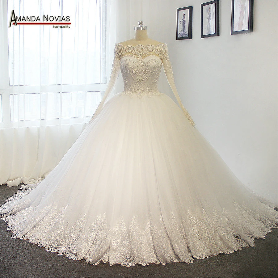 Роскошное Свадебное платье с жемчугом бальное длинным рукавом свадебные платья