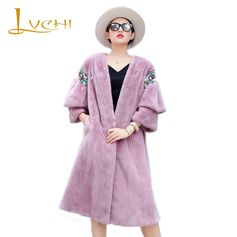 

LVCHI Winter 2019 Causal Three Quarter Real Natural Mink Fur Coat Women's V-Neck Flare Sleeve Coat Diamonds Medium Mink Coats