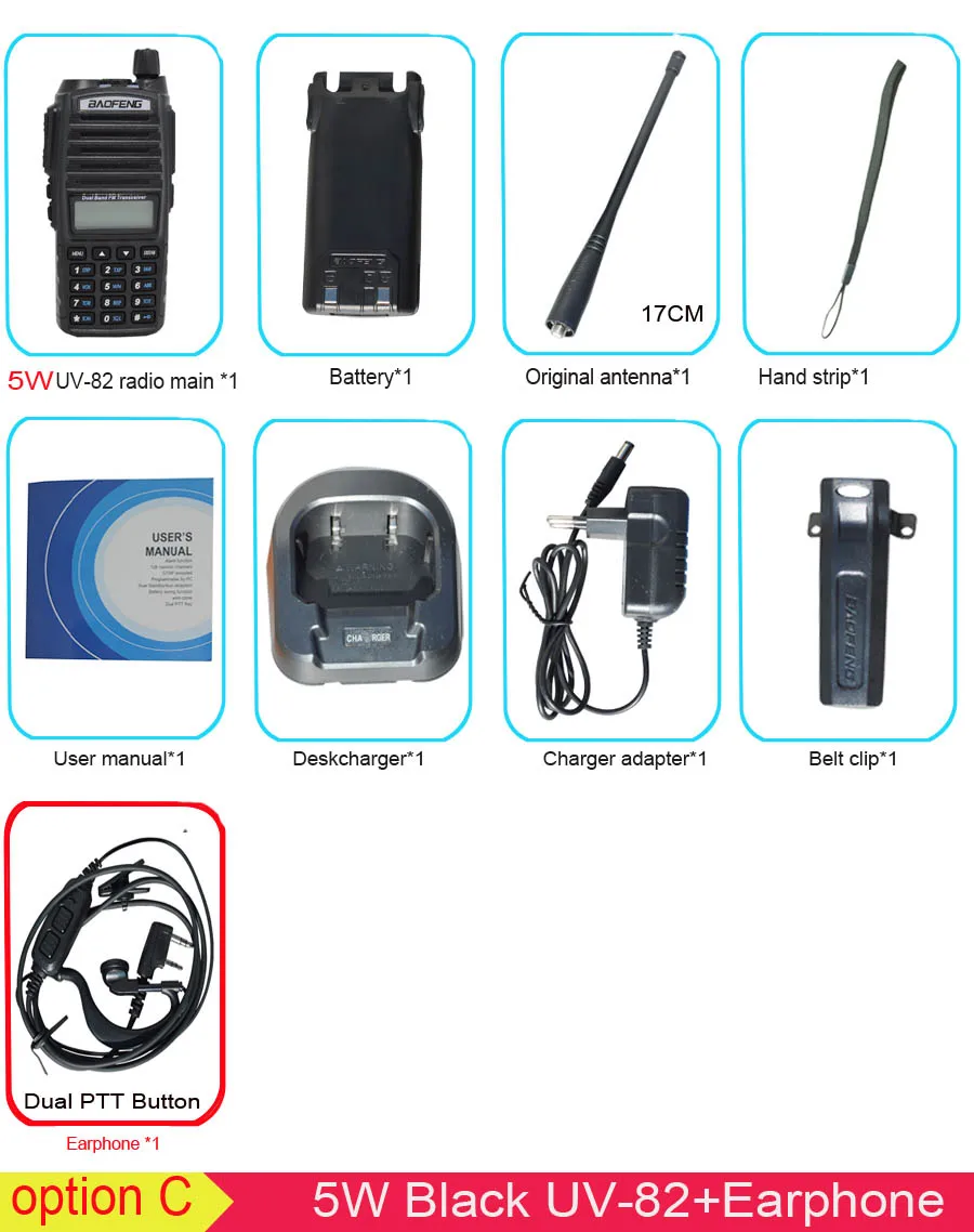 Популярная портативная рация, Baofeng, UV-82, две кнопки PTT, двухстороннее радио Vhf Uhf, двухдиапазонное Baofeng UV 82 UV82, двухстороннее радио - Цвет: 5Wblack withearphone