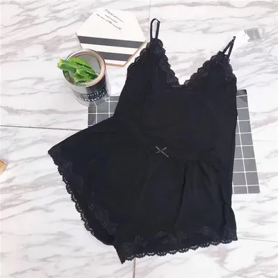black Daeyard, комплект из двух предметов, Хлопковая пижама, сексуальный кружевной топ и шорты, летняя Пижама, одежда для сна, высокая эластичность, пижама, ночная рубашка, домашняя одежда - Цвет: black