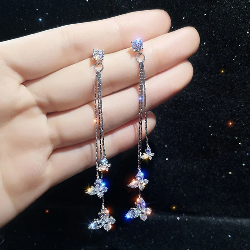 Блестящие три бабочки Кристальные Висячие серьги для женщин Bijoux длинные висячие